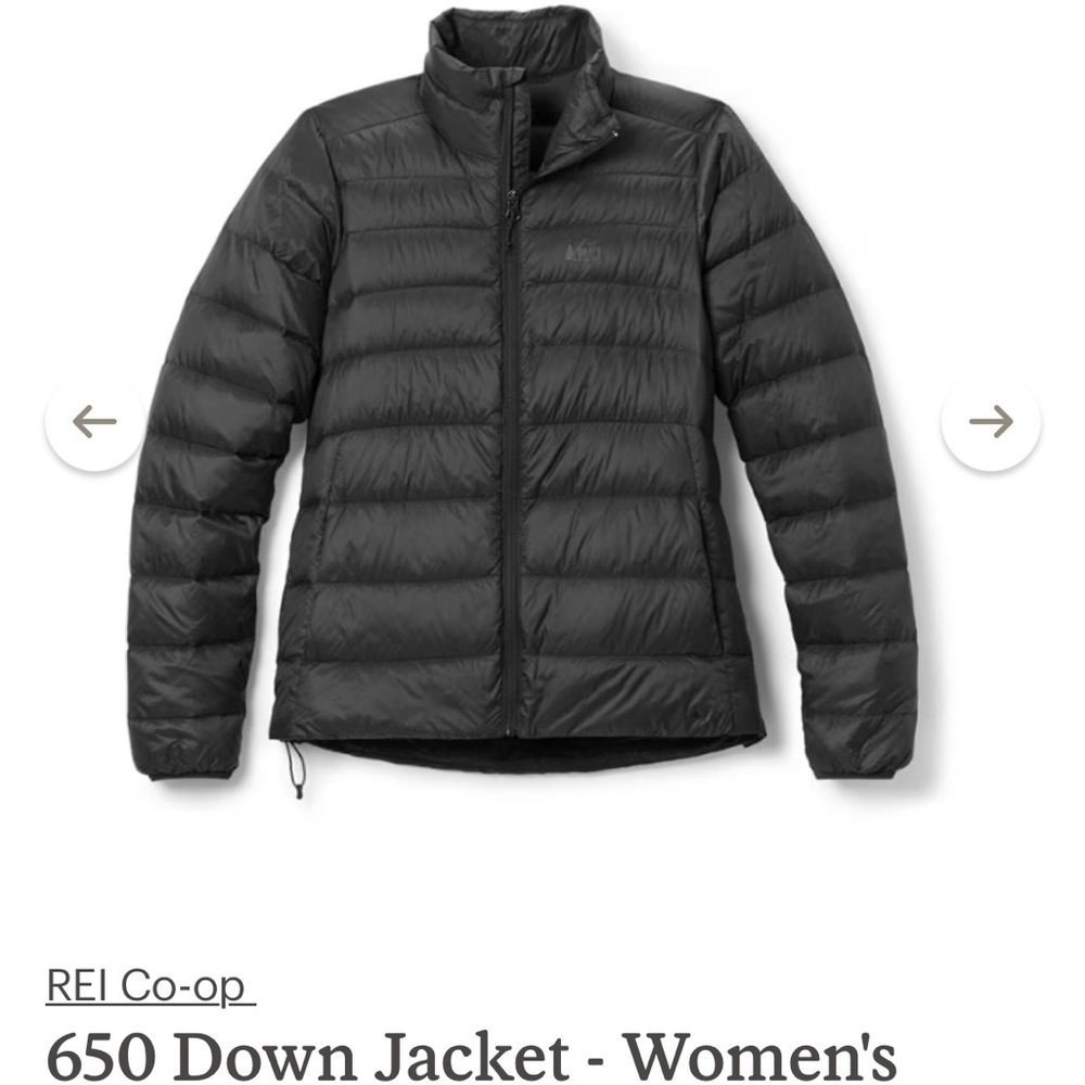 REI Black Puffer Jacket with High Collar and Down Insulation